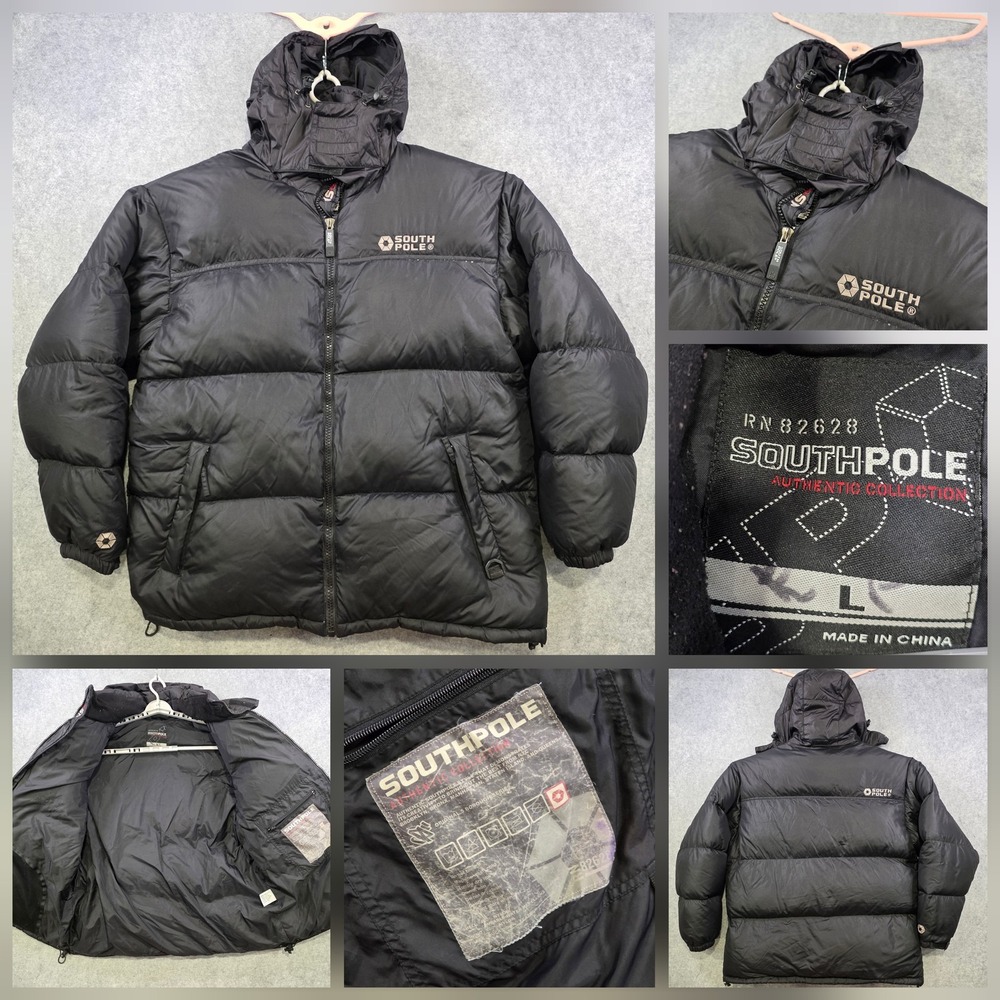 VTG Y2K Southpole Jacket Mens Large Black Duck Down Puffer Hooded Nylon Parka